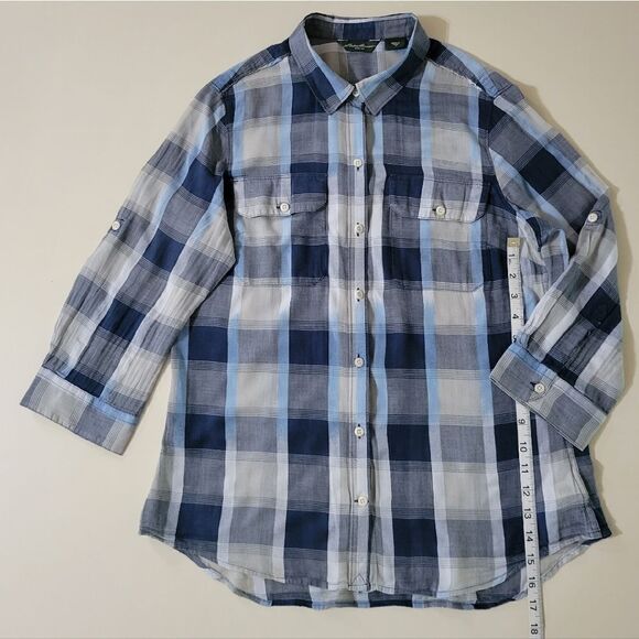 Eddie Bauer Women's Blue Plaid Cotton Rayon Button-Down Elbow-length Sleeve - Picture 5 of 13